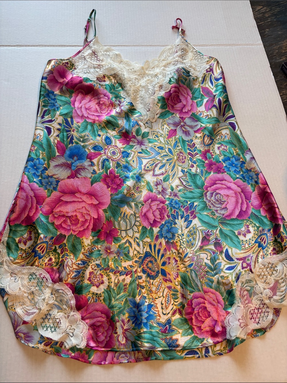 Vintage Victoria's Secret Floral Satin Lace Trim Slip - Pink, Green, Blue, Cream